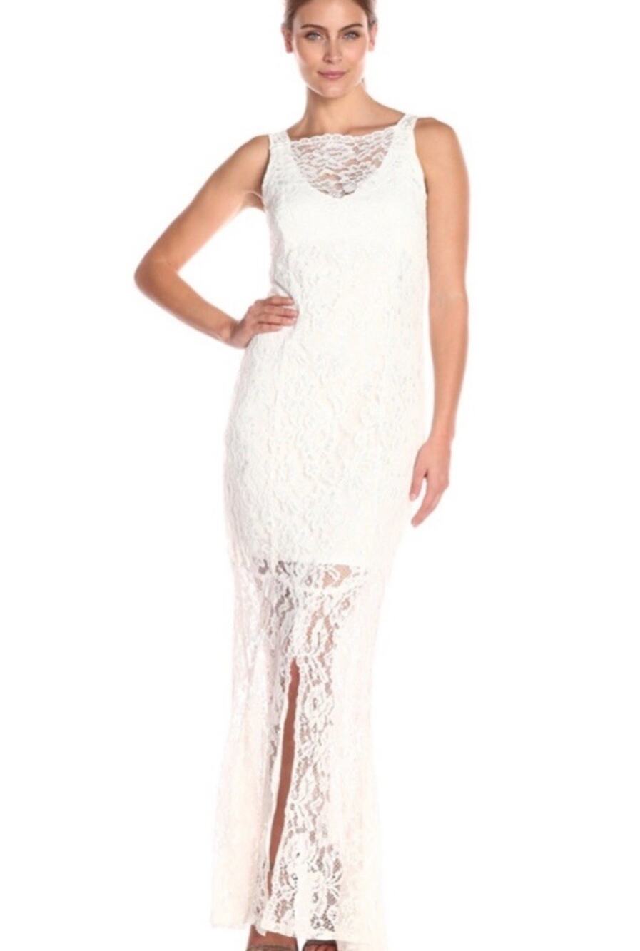 Marina NWD Ivory Lace Gown Sz 22W Front Slit V Back Stretch Wedding Dress Bridal